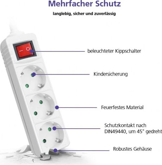 Helos CLASSIC Steckdosenleiste mit Schalter, 3-fach, 1.5m, weiß