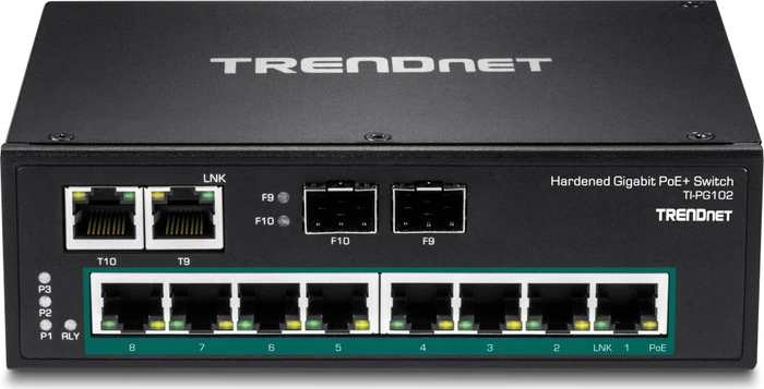 TRENDnet TI Hardened Industrial Railmount Gigabit Switch, 8x RJ-45, 2x RJ-45/SFP, 240W PoE+