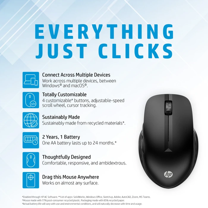 HP 430 Multi-Device Wireless Mouse Jet Black, USB/Bluetooth