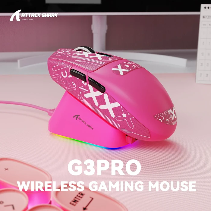 Attack Shark G3Pro Tri-mode Wireless Gaming Mouse mit Ladestation, Berry Red, inkl. Grip Tape, USB/Bluetooth