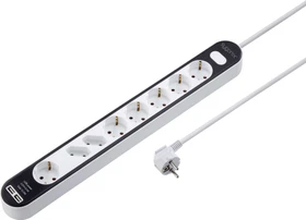 Sygonix Steckdosenleiste mit Schalter, 8-fach, mit 2x USB, 1.4m, weiß/schwarz