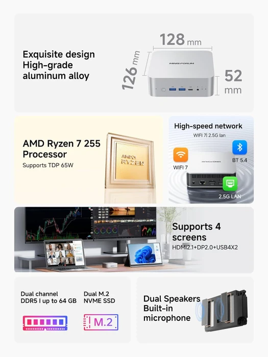 Minisforum AI X1, Ryzen 7 255, 64GB RAM, 1TB SSD