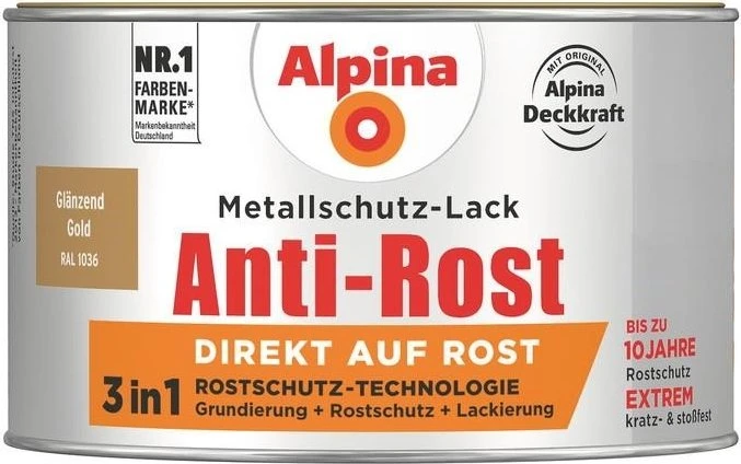 Alpina Farben Metallschutz-Lack Anti-Rost außen gold glänzend, 300ml
