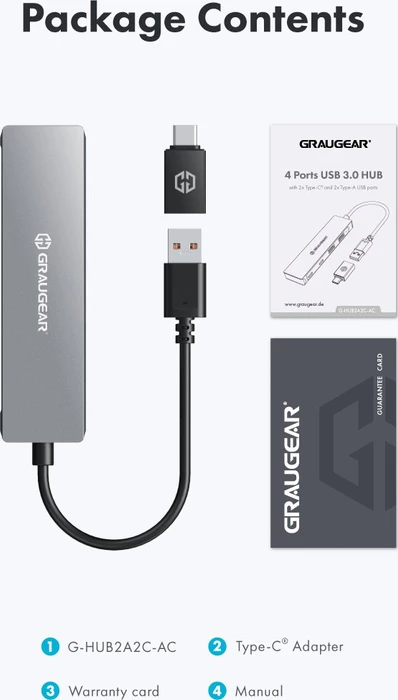 Graugear G-HUB2A2C-AC, USB-Hub, 2x USB-C 3.0, 2x USB-A 3.0, USB-A/USB-C 3.0 [Stecker]