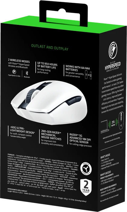 Razer Orochi V2 Mobile Wireless Gaming Mouse White Edition, USB/Bluetooth