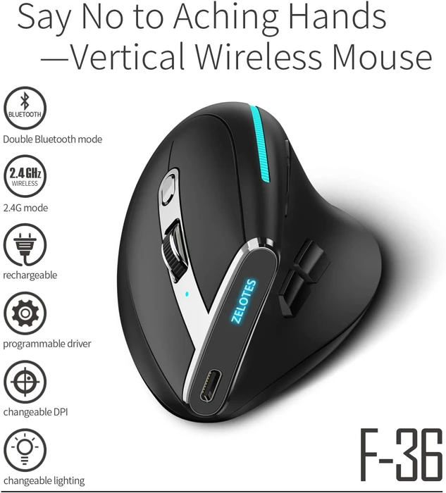 Zelotes F-36 Vertical Dual-Mode Wireless Mouse, schwarz, USB/Bluetooth