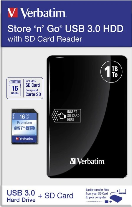 Verbatim Store 'n' Go Portable HDD 1TB mit SD-Kartenleser + 16GB SD-Karte, USB 3.0