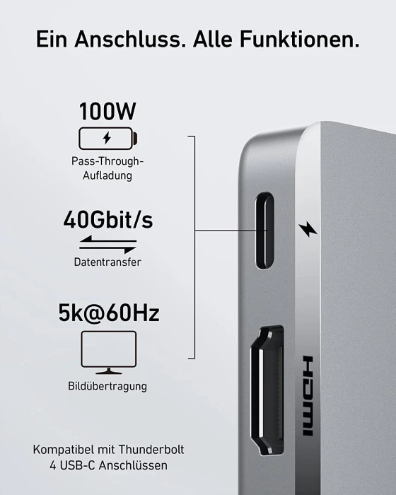 Anker 547 PowerExpand Direct 7-in-2 USB-C PD Media Hub, 2x USB4 [Stecker]