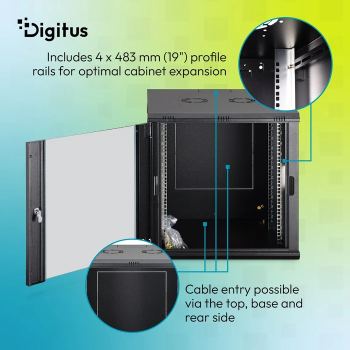 Digitus Dynamic-N Serie 19" Wandgehäuse 12HE, unmontiert, Sicherheitsglastür, IP2X, RAL 9005, 600mm tief