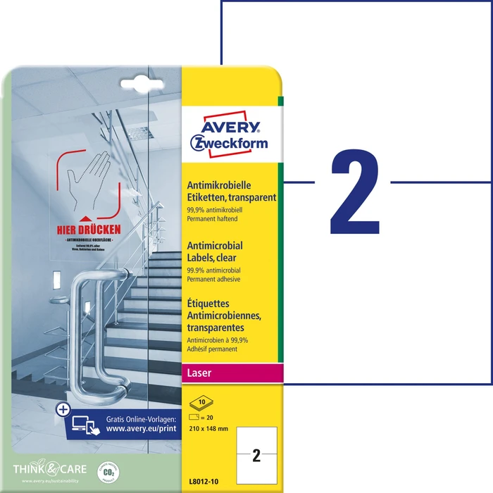 Avery-Zweckform Etiketten antimikrobiell, A5, wetterfest, transparent, 10 Blatt (20 Etiketten)