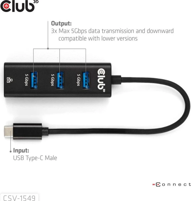 Club 3D USB-Hub mit LAN-Adapter, USB-C 3.0 [Stecker]