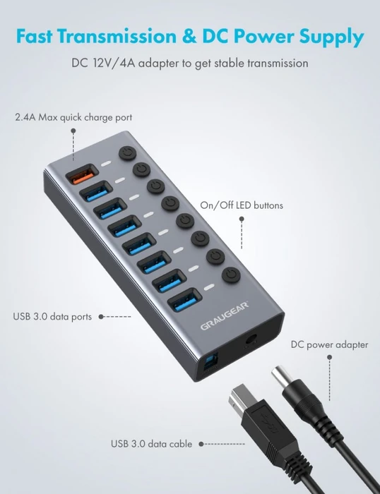 Graugear G-HUB71-A, USB-Hub, 8x USB-A 3.0, USB-B 3.0 [Buchse]