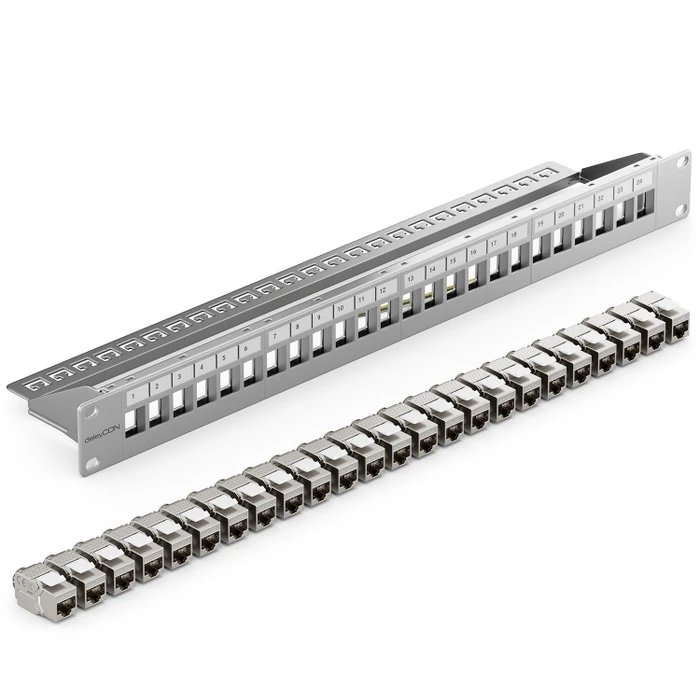 deleyCON Patchpanel für Keystone Module 19", 1HE, inkl. RJ-45 Cat6a Module, 24-Port, 19", 1HE