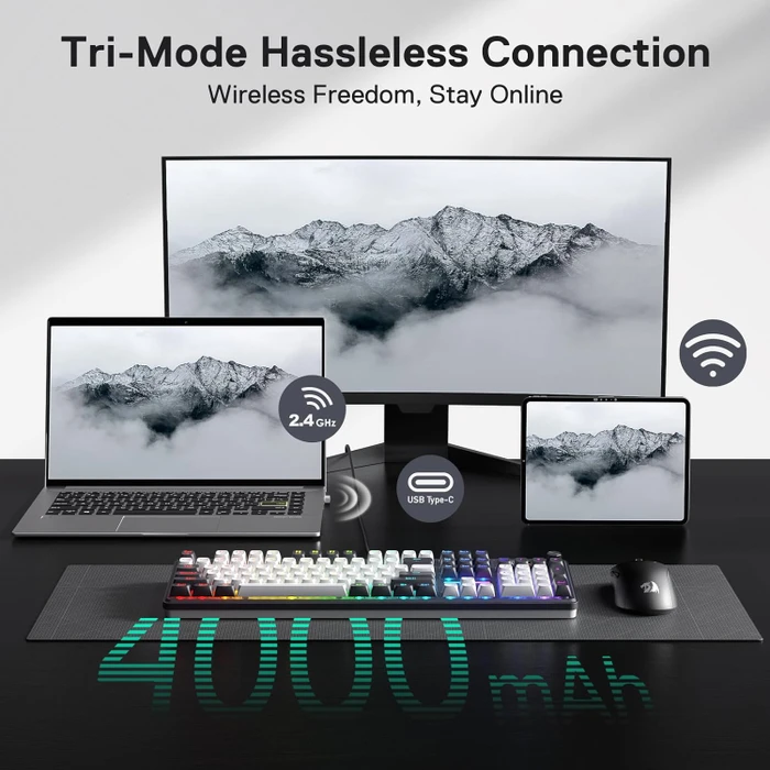 Redragon Terraflare K762 Pro Wireless, White & Blue, LEDs RGB, Mint Mambo, USB/Bluetooth, US