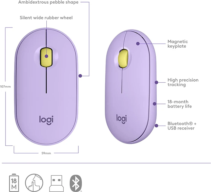 Logitech M350 Pebble Wireless Mouse Lavender Lemonade, USB/Bluetooth