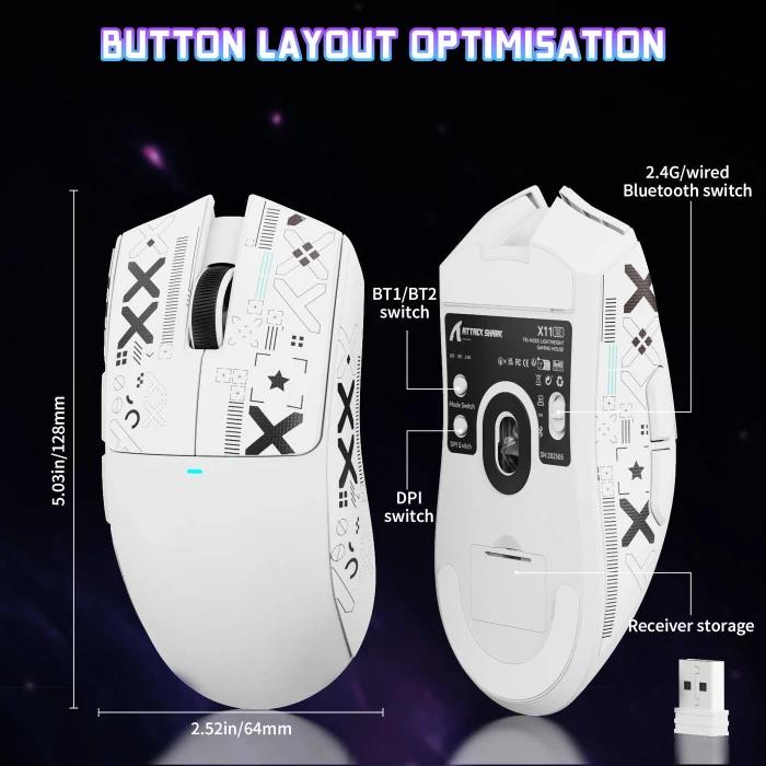 Attack Shark X11SE Wireless Gaming Mouse weiß, inkl. Grip Tape, USB/Bluetooth