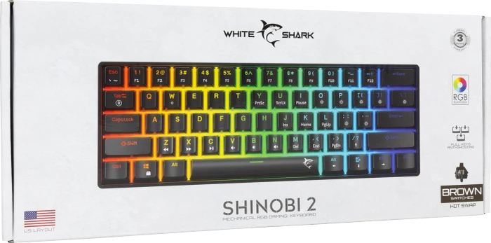 White Shark SHINOBI 2, schwarz, LEDs RGB, hot-swap, RED Switches, USB, US