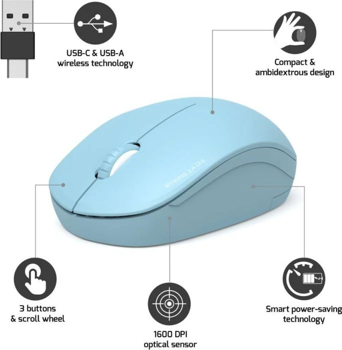 Port Designs Wireless Mouse Collection II pastellblau, USB-C/USB-A