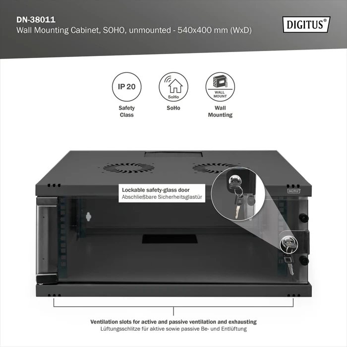 Digitus Professional SoHo Line 19" Wandgehäuse 4HE, unmontiert, Sicherheitsglastür, IP20, RAL 9005, 400mm tief