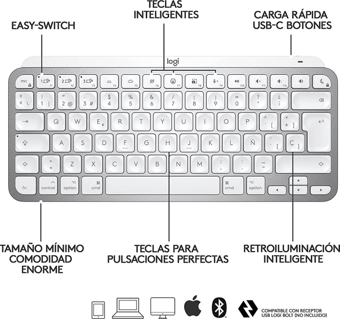 Logitech MX Keys Mini for Mac, LEDs weiß, Logi Bolt, Pale Gray, weiß/grau, USB/Bluetooth, ES