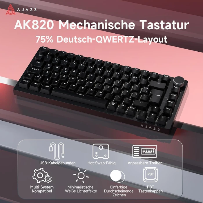 Ajazz AK820, Black, LEDs weiß, hot-swap, AS RED, USB, DE