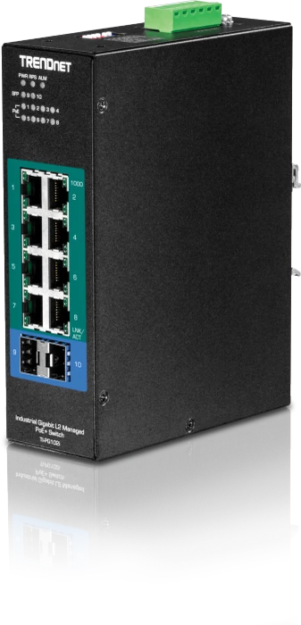 TRENDnet TI Hardened Industrial Railmount Gigabit Managed Switch, 8x RJ-45, 2x SFP, 240W PoE+