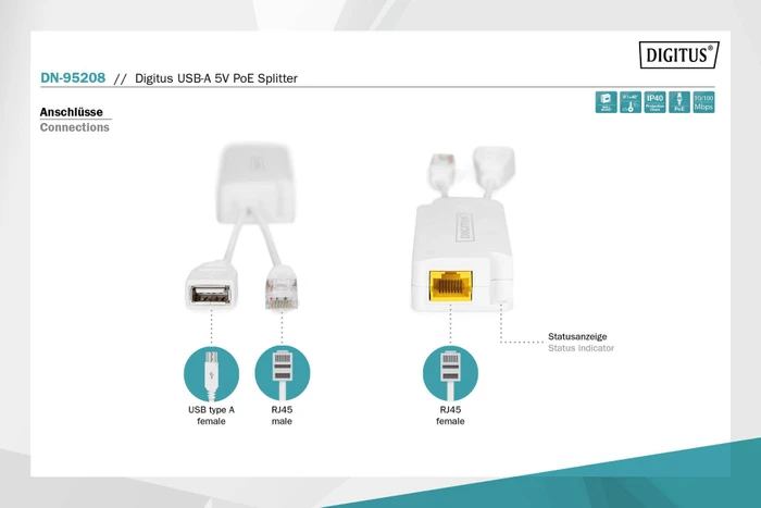 Digitus Gigabit PoE-Splitter, 2x RJ-45, PoE+ PD