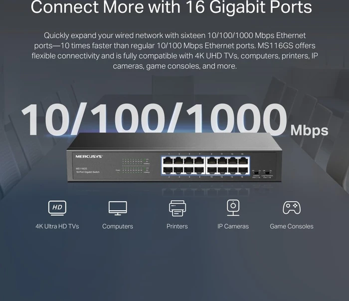 Mercusys Desktop Gigabit Switch, 16x RJ-45