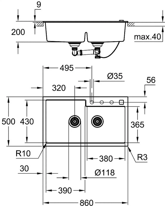 Grohe K500 90-C 86/50 2.0 Einbau Becken links granit schwarz