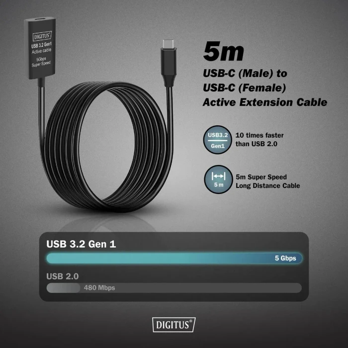 Digitus USB 3.0 aktives Verlängerungskabel, USB-C [Stecker] auf USB-C [Buchse], 5m schwarz