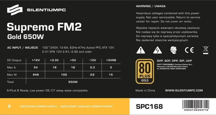 Endorfy SilentiumPC Supremo FM2 Gold 650W, ATX