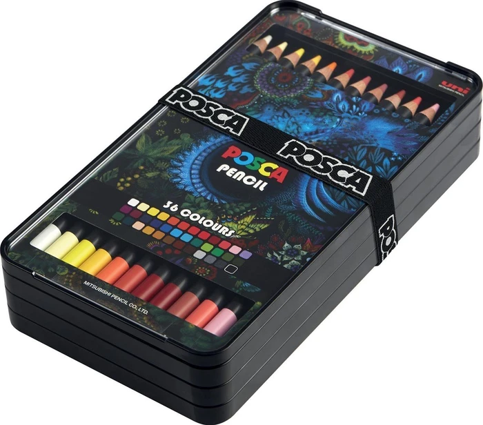 Uni-Ball POSCA Pencil KPE-200 Wachsmalstift sortiert, Metalletui, 36er-Set