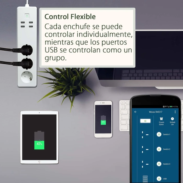 Woox Smart Multi-Plug 3-fach, 3680W, 4x USB-A, Smart-Steckdosenleiste