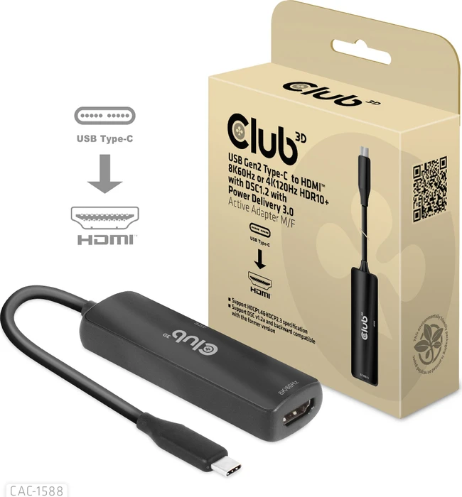 Club 3D USB-C [Stecker] auf HDMI 2.1 [Buchse], 4K120Hz HDR10 with DSC 1.2 Active Adapter M/F