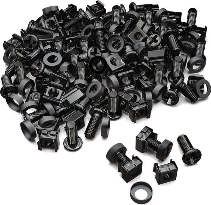 deleyCON MK3869, M6 Käfigmuttern Schrauben Set für Netzwerkschränke Servergehäuse, Kreuzschlitz, schwarz, 50 Stück