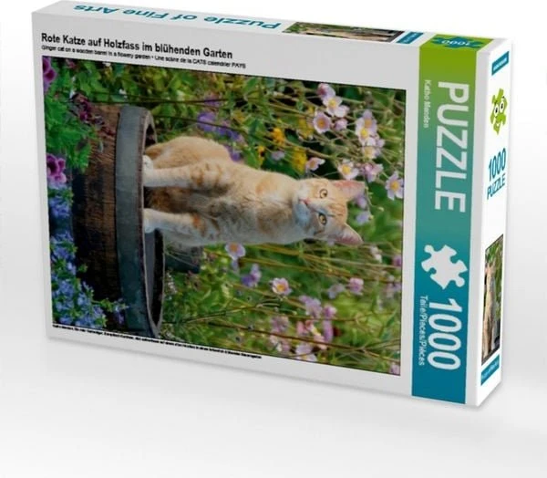 Calvendo Rote Katze auf Holzfass im blühenden Garten