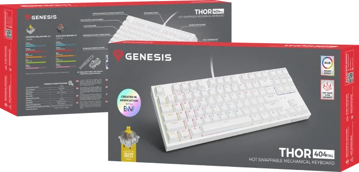 Genesis Thor 404 TKL, weiß, LEDs RGB, hot-swap, Gateron Pro YELLOW, USB, US