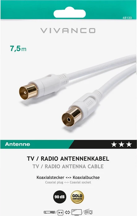 Vivanco Antennen-Kabel, Koax-Stecker - Koax-Kupplung, 90dB, 7.5m, weiß