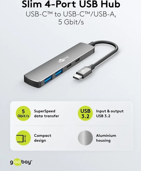 Wentronic goobay Slim 4-Port USB-Hub, 2x USB-C 3.0/2x USB-A 3.0, USB-C 3.0 [Stecker]
