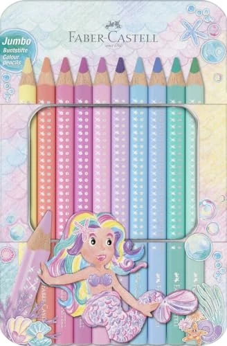 Faber-Castell Jumbo Sparkle pastell Dreikant Buntstift sortiert, Metalletui, 10er-Set