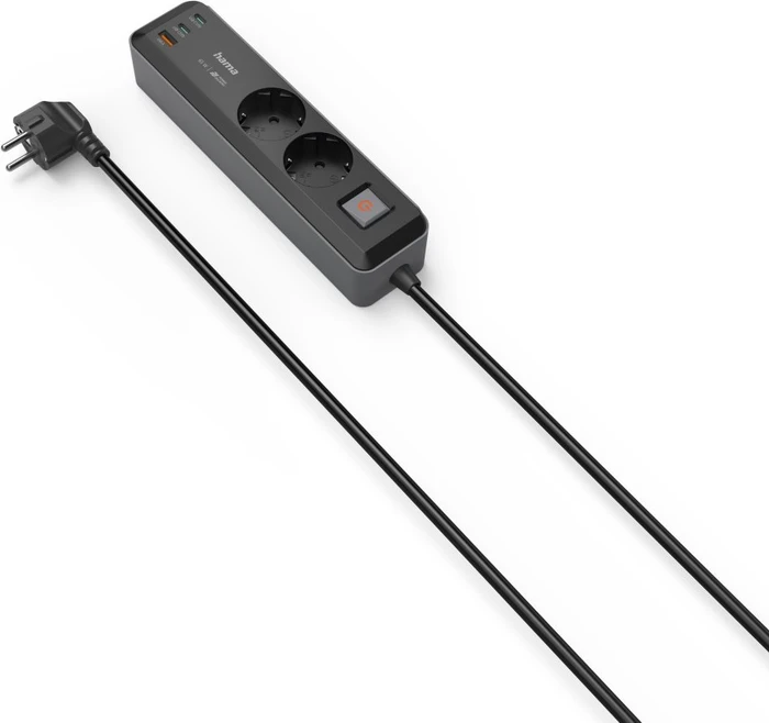 Hama Steckdosenleiste mit Schalter, 2-fach, 1x USB-A/2x USB-C 65W USB-PD, 1.4m, schwarz/grau