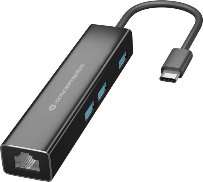 Conceptronic 3-Port USB-Hub mit Netzwerkadapter, USB-C 3.0 [Stecker]
