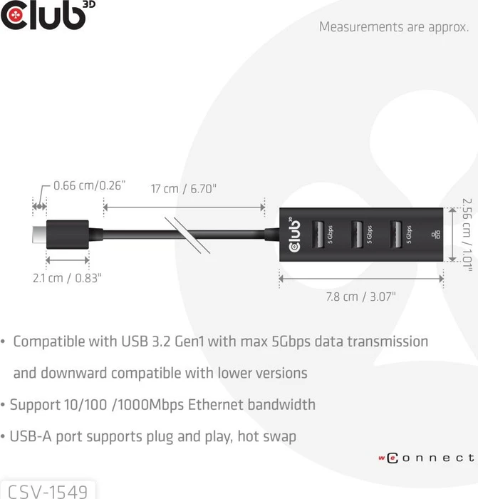Club 3D USB-Hub mit LAN-Adapter, USB-C 3.0 [Stecker]