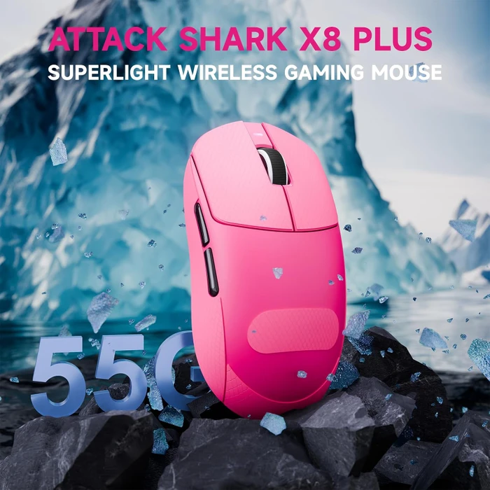 Attack Shark X8 Plus Tri-mode Wireless Gaming Mouse, Berry Red, inkl. Grip Tape & C06 Ultra LED Kabel, USB/Bluetooth