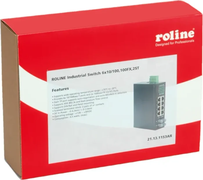 Roline Industrial Railmount Switch, 6x RJ-45, 2x RJ-45/ST-Duplex
