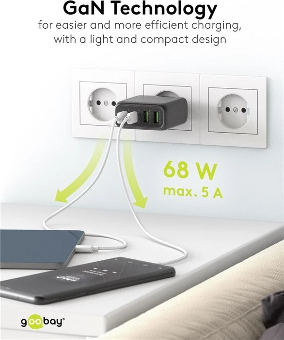 goobay 4-Port GaN Netzteil, USB-C/USB-A, 2x USB-C + 2x USB-A, 68W, schwarz