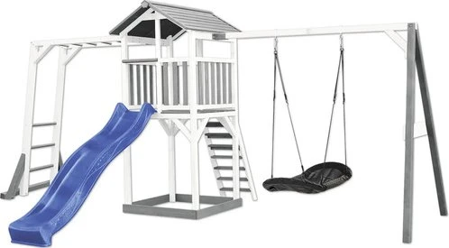 Axi Spielturm Beach Tower mit Klettergerüst, Rutsche und Roxy Nestschaukel weiß/grau/blau