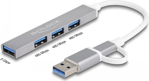 DeLOCK 4-Port USB-Hub, 3x USB-A 2.0, 1x USB-A 3.0, USB-A/USB-C 3.0 [Stecker]