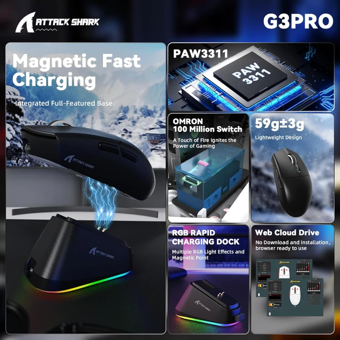 Attack Shark G3Pro Tri-mode Wireless Gaming Mouse mit Ladestation, Black, USB/Bluetooth