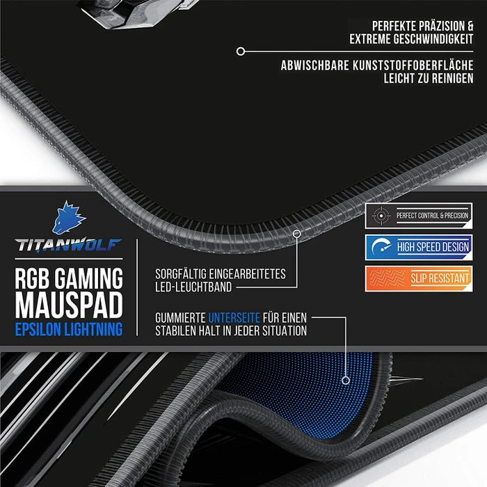 Titanwolf Epsilon Lightning RGB XXL Gaming-Mauspad, 800x300mm, schwarz